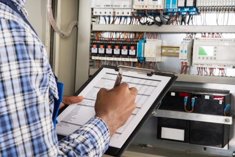 Electrical inspection technician checking electrical panel
